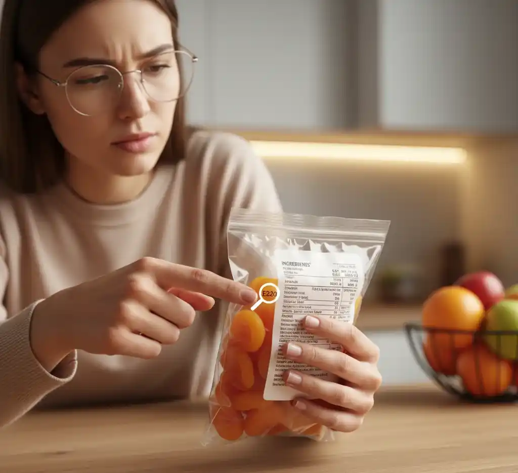 Потенциальный вред диоксида серы (E220): женщина с опасением смотрит на сухофрукты, обработанные консервантом